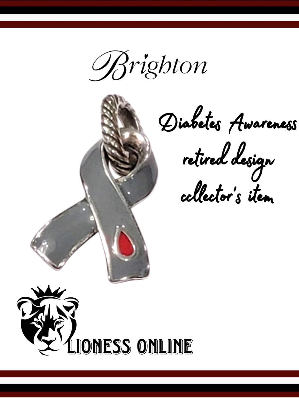 Retired Design! Brighton Diabetes Awareness Ribbon Charm with blood drop *RARE!